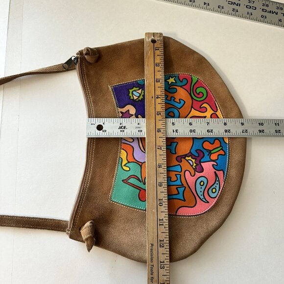 Womens Brown Suede Crossbody Bag Let it Be Psychedelic Design Artisan Music - Picture 3 of 8